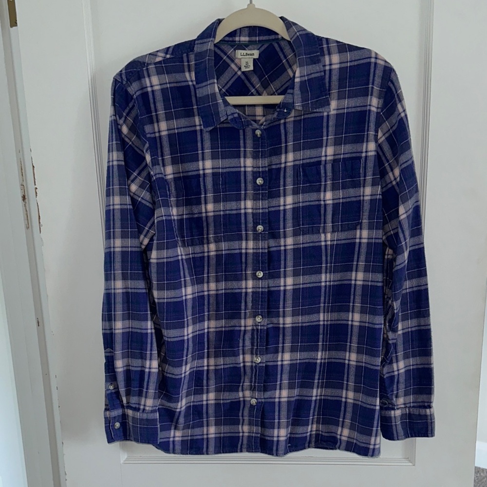 L.L. Bean Oversized Purple Plaid Flannel Button Down Top
